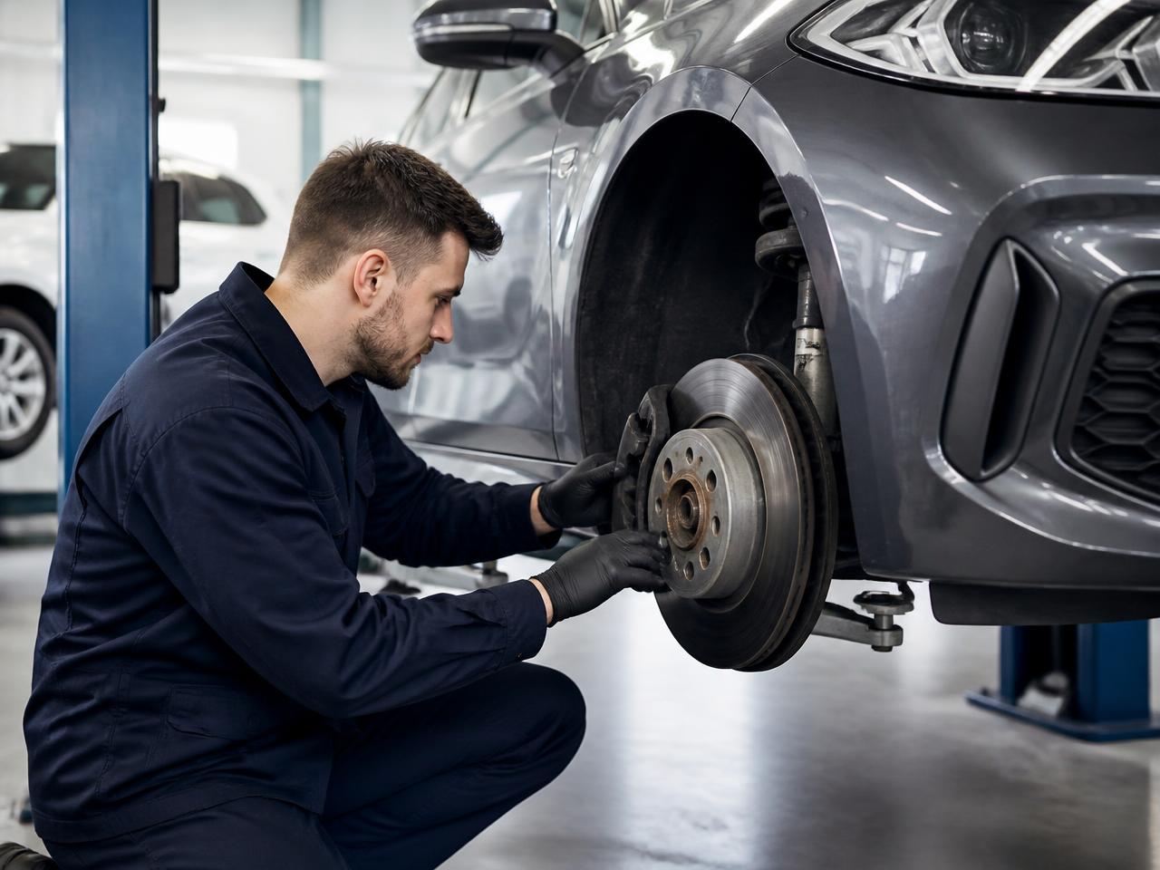 Mechanic inspecting a brake disc and caliper