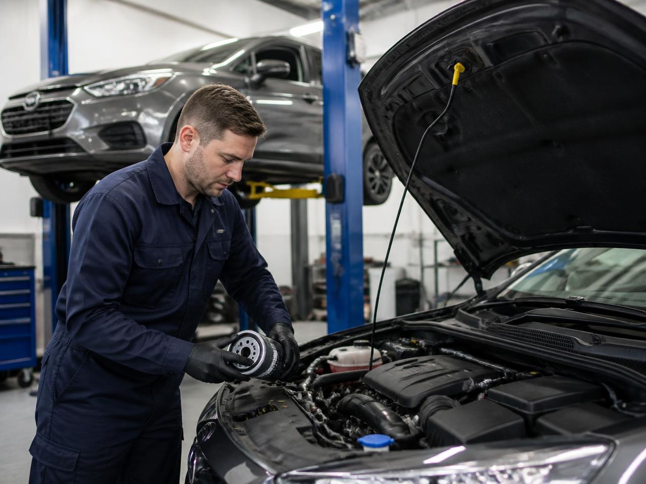 Technician replacing an oil filter during a car service